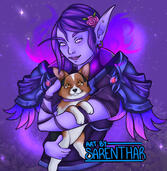 half body - void elf holding a small dog